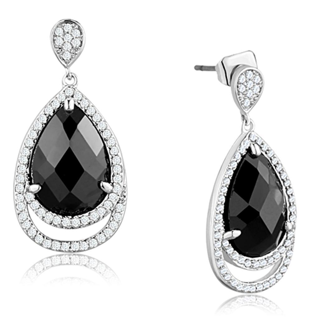 JCE658 Rhodium Brass Earrings with AAA Grade CZ  in Jet