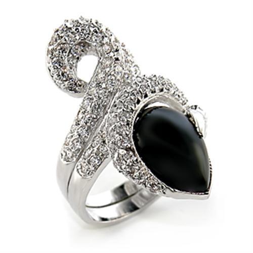 JCE207 Rhodium Brass Ring with Semi-Precious Agate in Jet