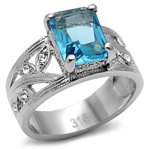 JCE081 High polished (no plating) Stainless Steel Ring with Synthetic Synthetic Glass in Sea Blue