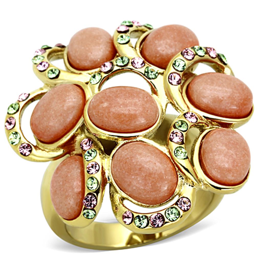 JCE1102 IP Gold(Ion Plating) Stainless Steel Ring with Synthetic Coral in Orange