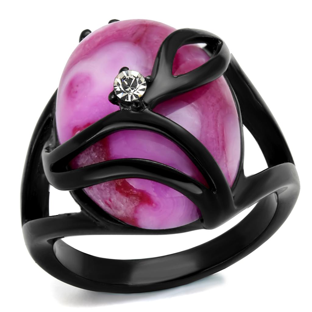 JCE1144J IP Black(Ion Plating) Stainless Steel Ring with Synthetic Cat Eye in Fuchsia