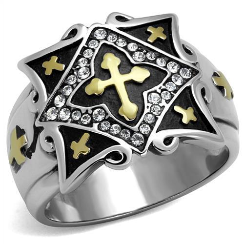 JCE2517 Two-Tone IP Gold (Ion Plating) Stainless Steel Ring with Top Grade Crystal  in Clear