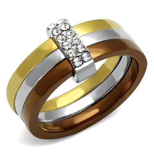 JCE2600 Three Tone IP+»-+-åIP Gold & IP Light coffee & High Polished) Stainless Steel Ring with Top Grade Crystal  in Clear
