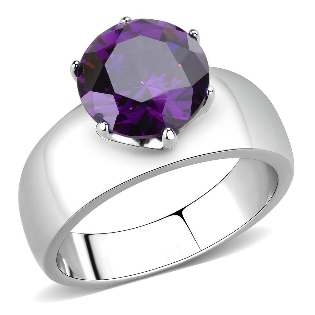 JCE52002 High polished (no plating) Stainless Steel Ring with AAA Grade CZ  in Amethyst